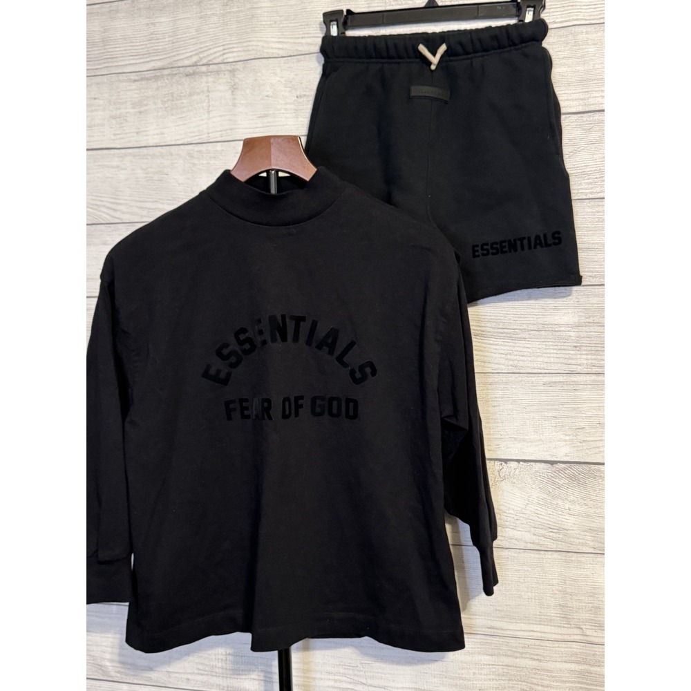 Fear Of God Essentials Cropped Top M Raw Hem Shorts 8 Black Set
